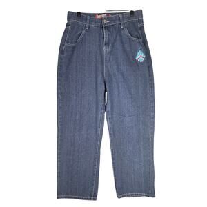 JNCO HONEST EMBROIDERED DENIM JEANS BLUE SKULL FLAME GRAPHIC - MEN'S SIZE MEDIUM